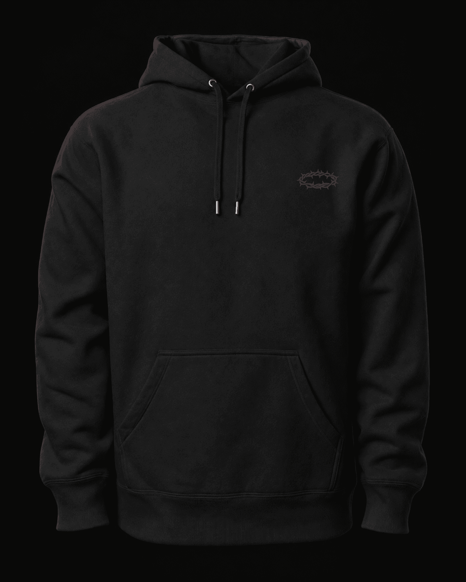 Front studio design visualization of the black SUESTAUROMAI hoodie, representing the shared hoodie and crewneck design.
