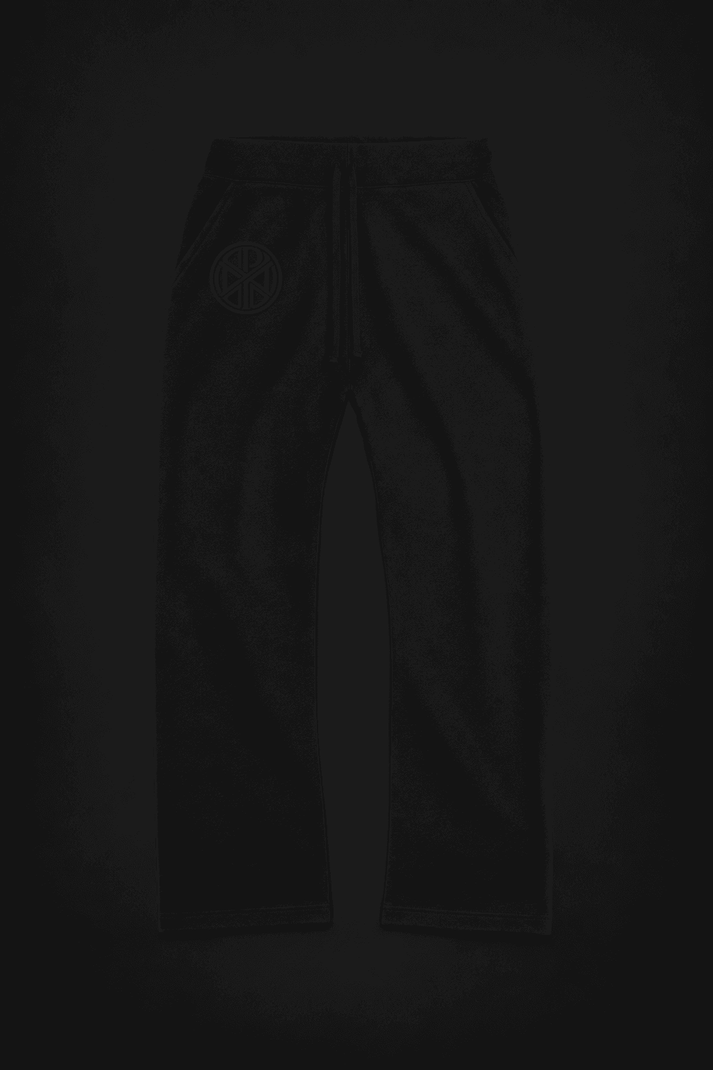 Generated front visualization of the black SUESTAUROMAI pant with tonal ORISETNA monogram embroidery.