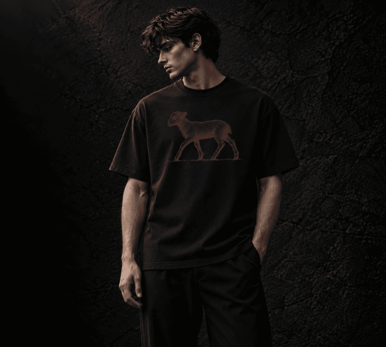 Generated campaign visualization of a model wearing the black LAMB / MOUNTAIN tee with the complete Lamb artwork visible at the front.