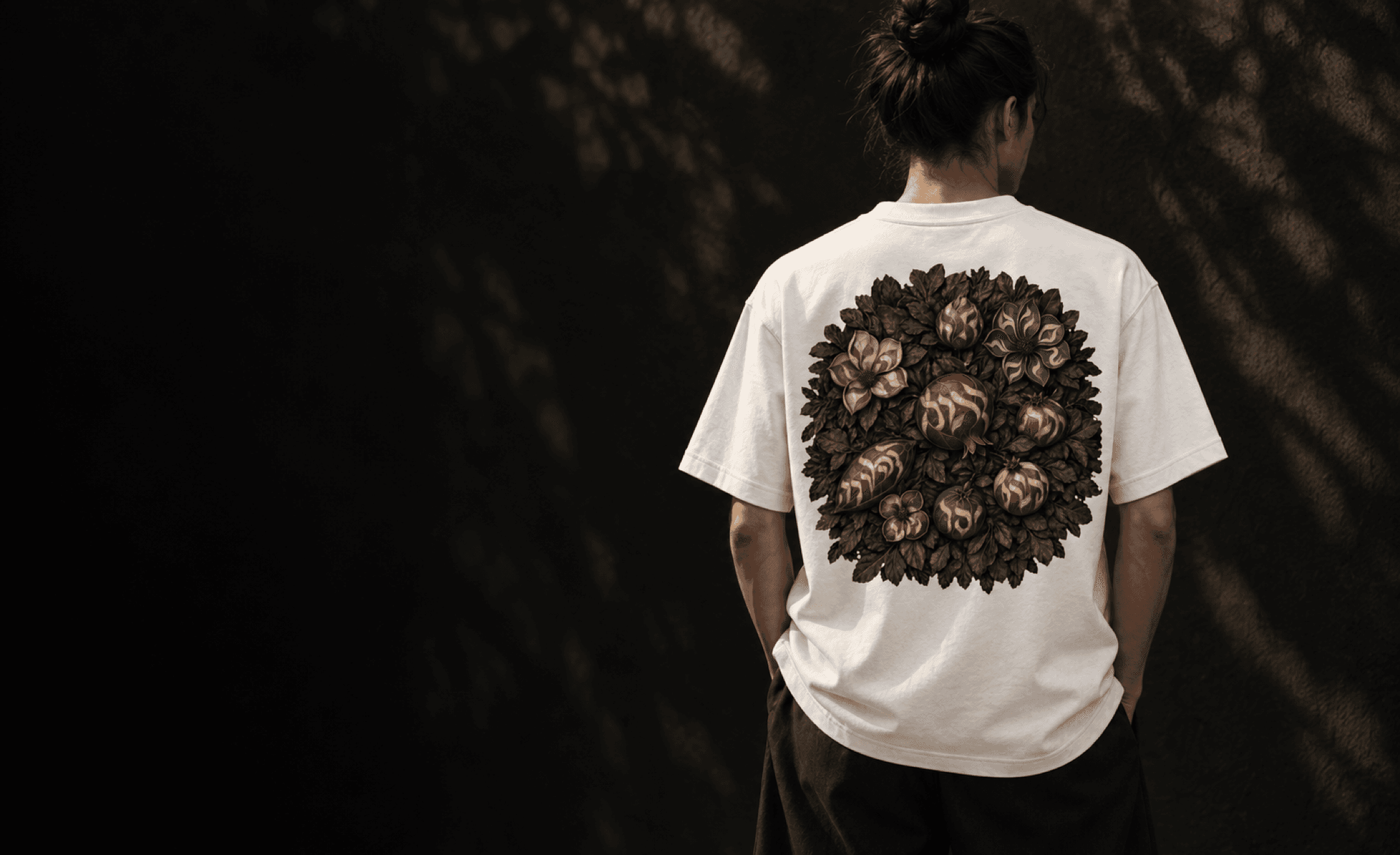Generated campaign visualization of a model wearing the pearl SEED / CANOPY tee from behind, showing the complete canopy artwork.