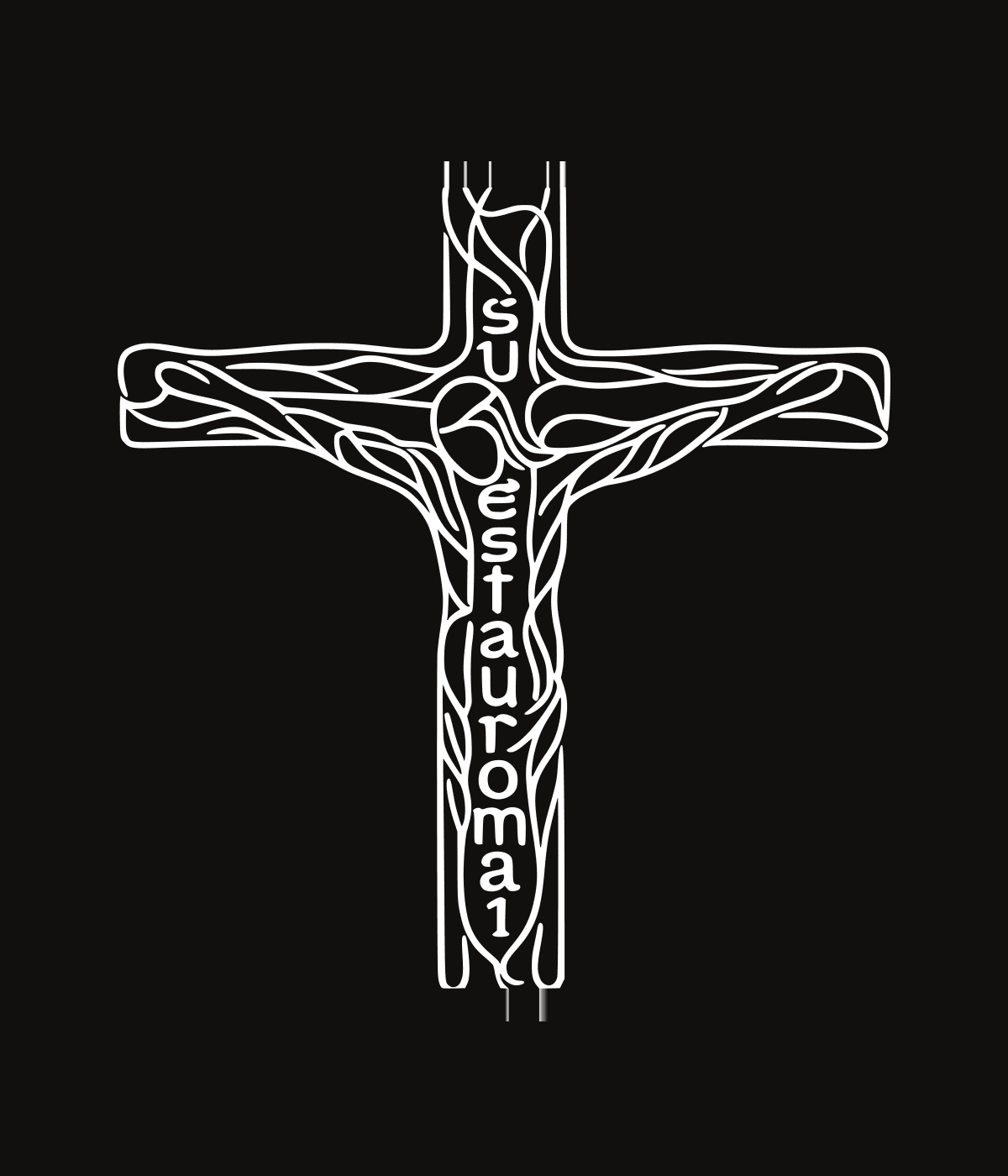 The original white SUESTAUROMAI cruciform artwork on black.