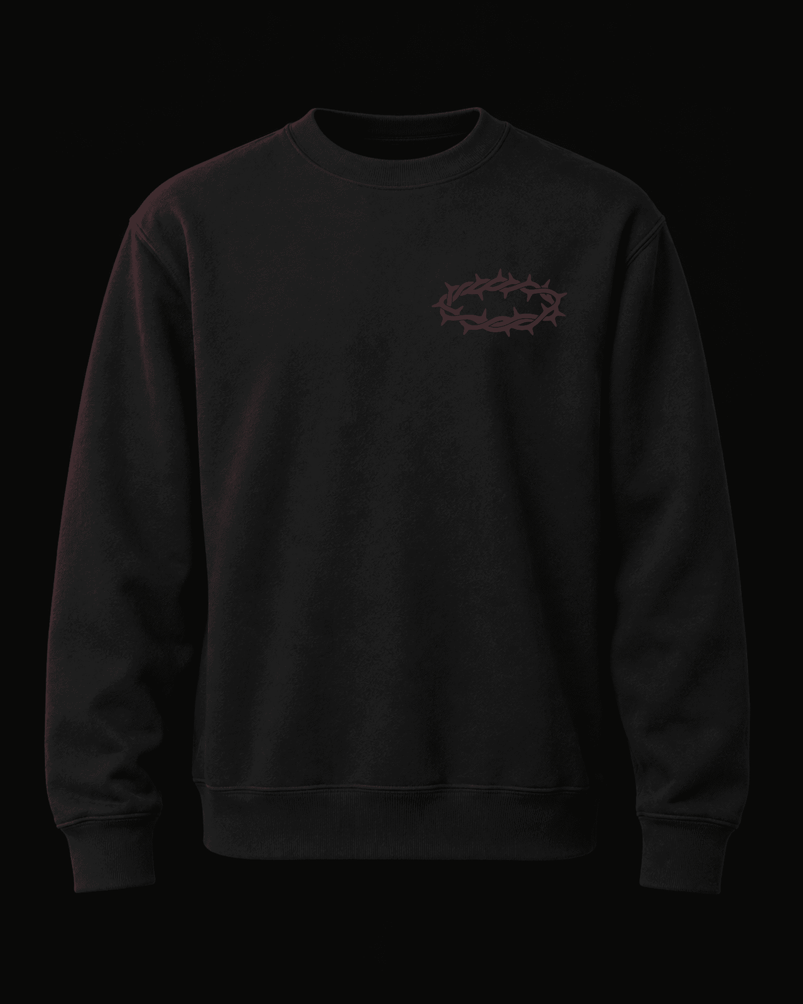 Front studio design visualization of the black SUESTAUROMAI crewneck with crown-of-thorns chest embroidery.