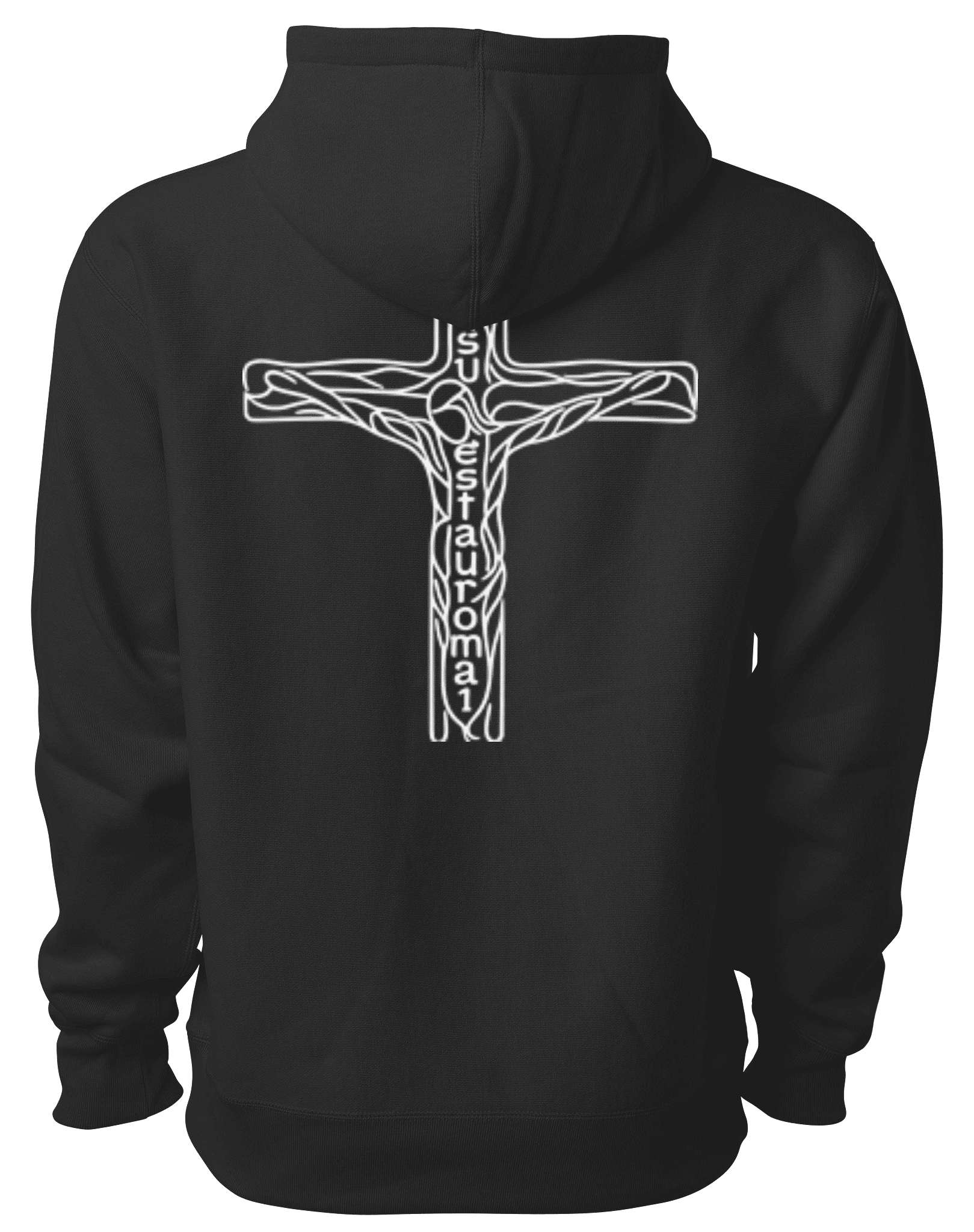 Back view of the black SUESTAUROMAI hoodie with the white cruciform artwork.