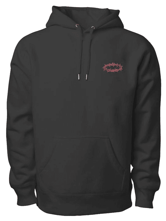 Front view of the black SUESTAUROMAI hoodie with an oxblood crown of thorns chest mark.